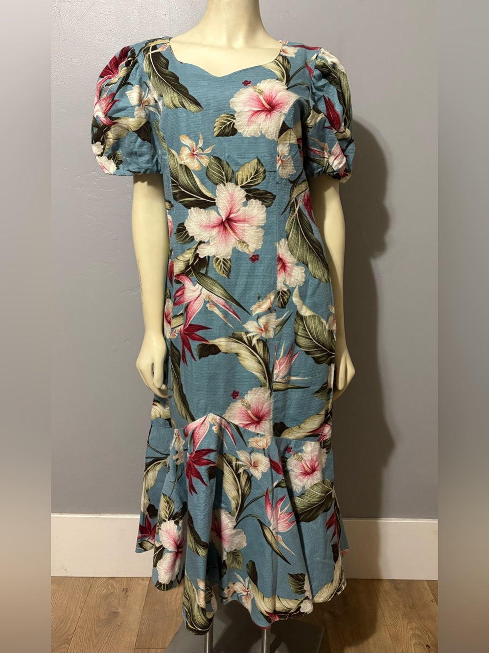 Vtg Hawaiian Hilo Hattie MuuMuu Barkcloth Blue Hibiscus Maxi Dress Size 12